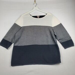 Chico's Sweater Womens 3 XL Black White Stripe Cotton Knit Round Neck 3/4 Sleeve